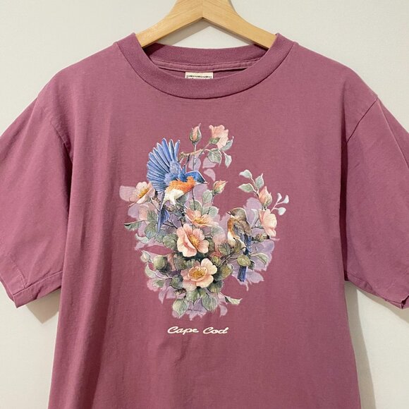 Vintage Graphic T-Shirt Floral Bird Design Purple Cottagecore 100% Cotton Boxy - Picture 3 of 8
